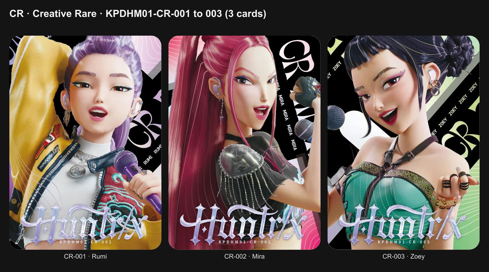 The three Creative Rare cards of the KPop Demon Hunters Special Mini Edition: Rumi, Mira and Zoey on stage