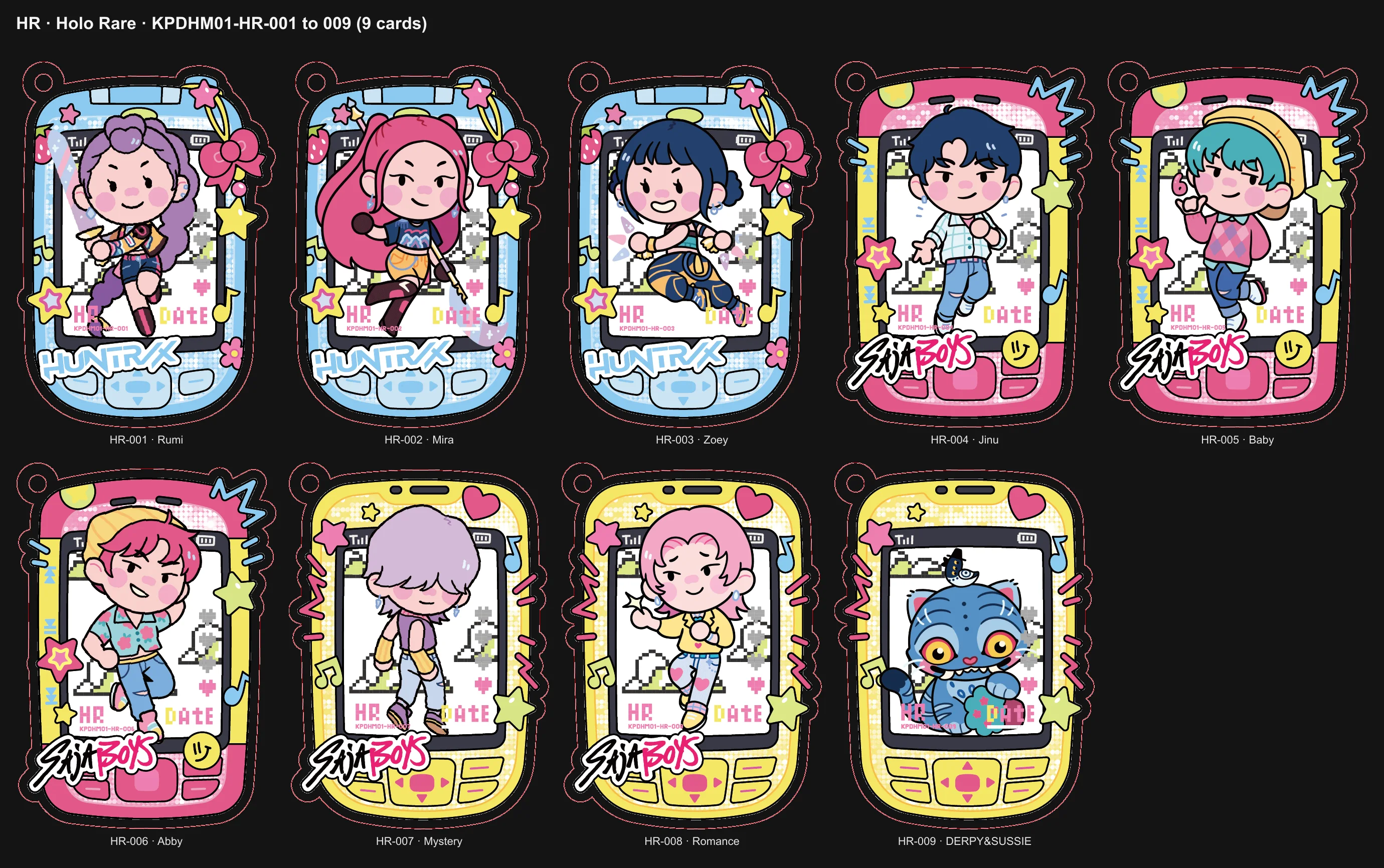 The nine phone-shaped Holo Rare cards of the KPop Demon Hunters Special Mini Edition