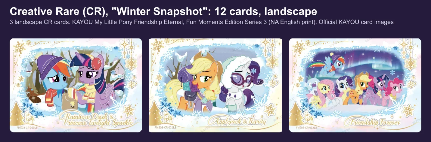The three landscape Creative Rare cards of Fun Moments 3: Rainbow Dash and Princess Twilight Sparkle, Applejack and Rarity, and Friendship Forever