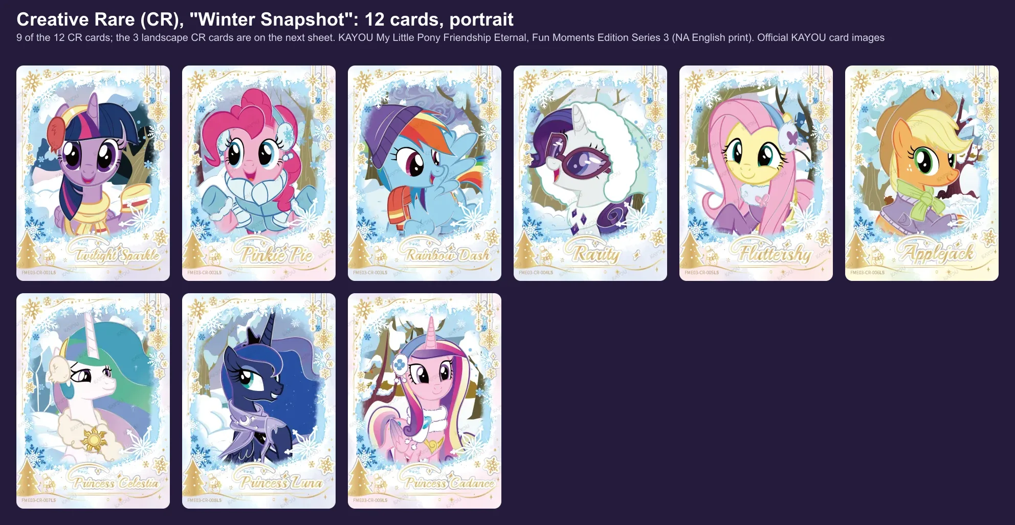 The nine portrait Creative Rare Winter Snapshot cards of Fun Moments 3: the Mane Six, Celestia, Luna and Cadance