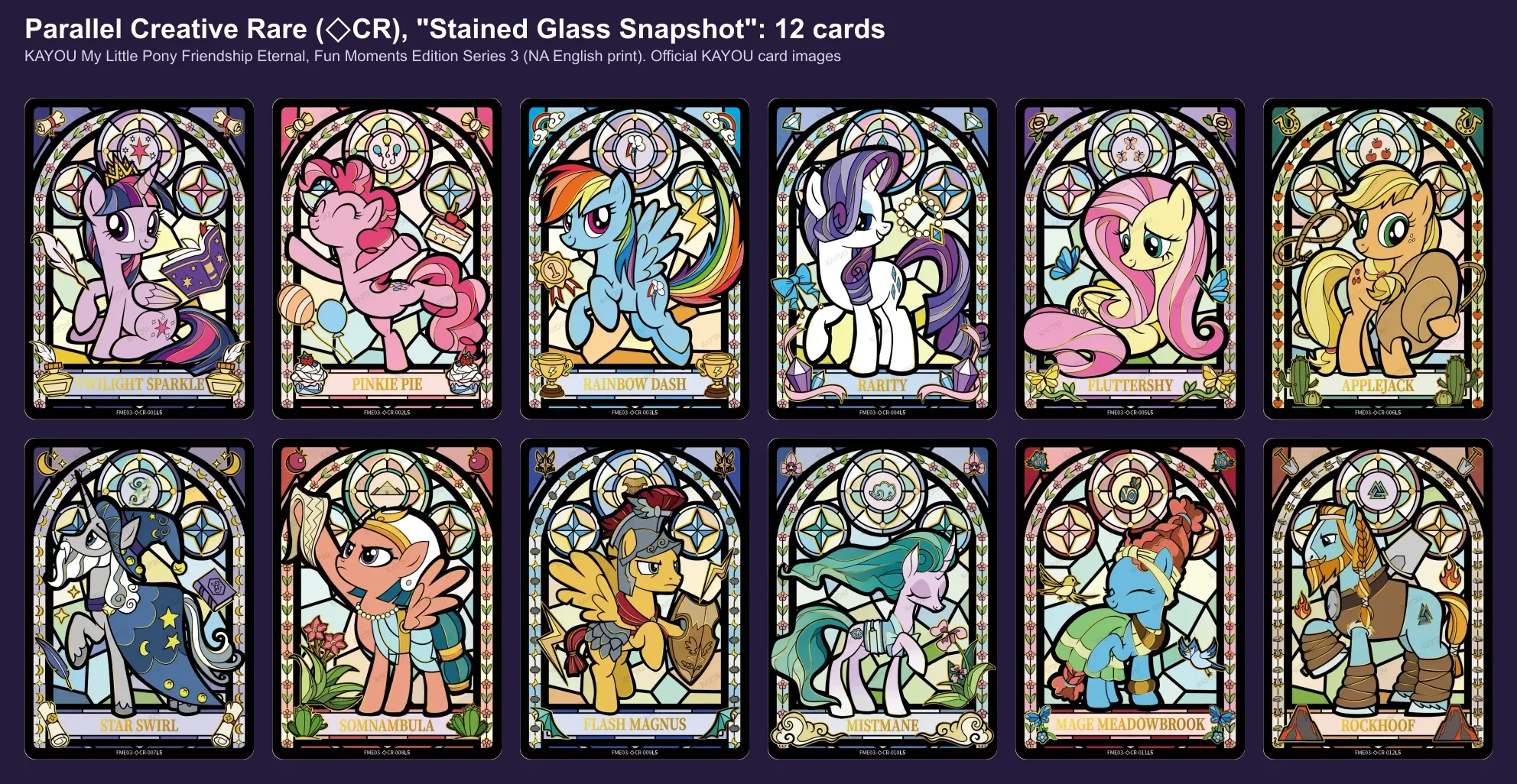 The twelve Parallel Creative Rare Stained Glass Snapshot cards of Fun Moments 3: the Mane Six and the six Pillars of Old Equestria