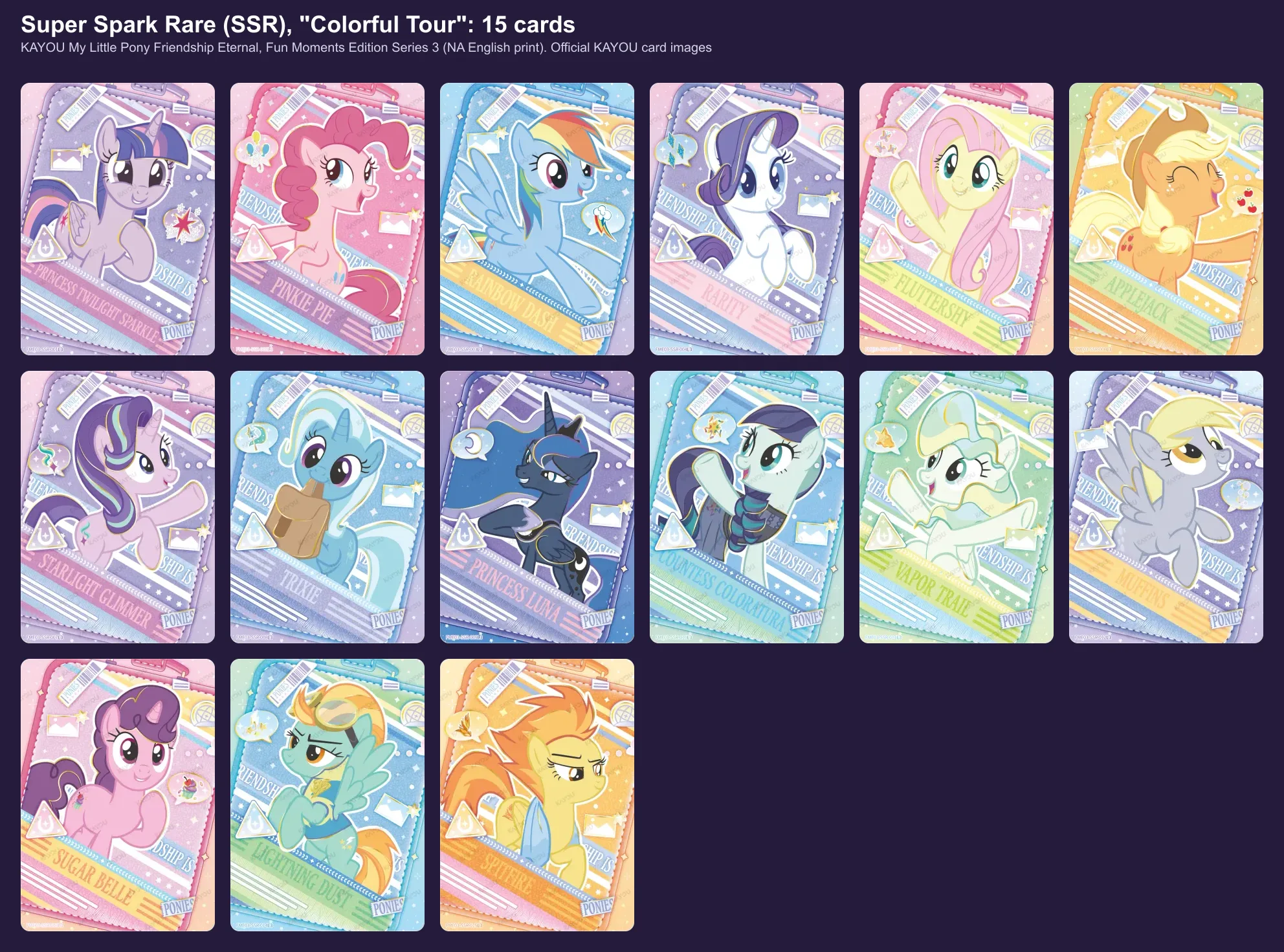 The fifteen Super Spark Rare Colorful Tour cards of Fun Moments 3