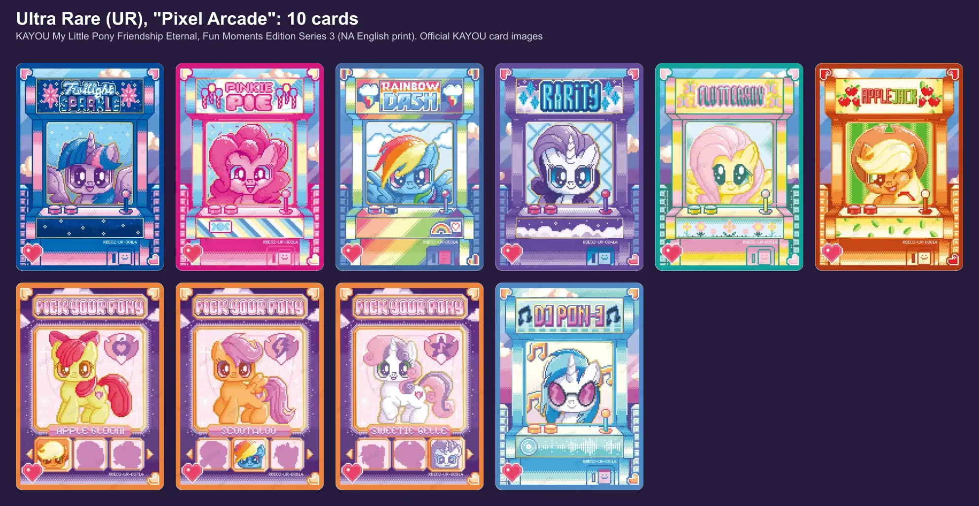 The ten Ultra Rare Pixel Arcade cards of Fun Moments 3