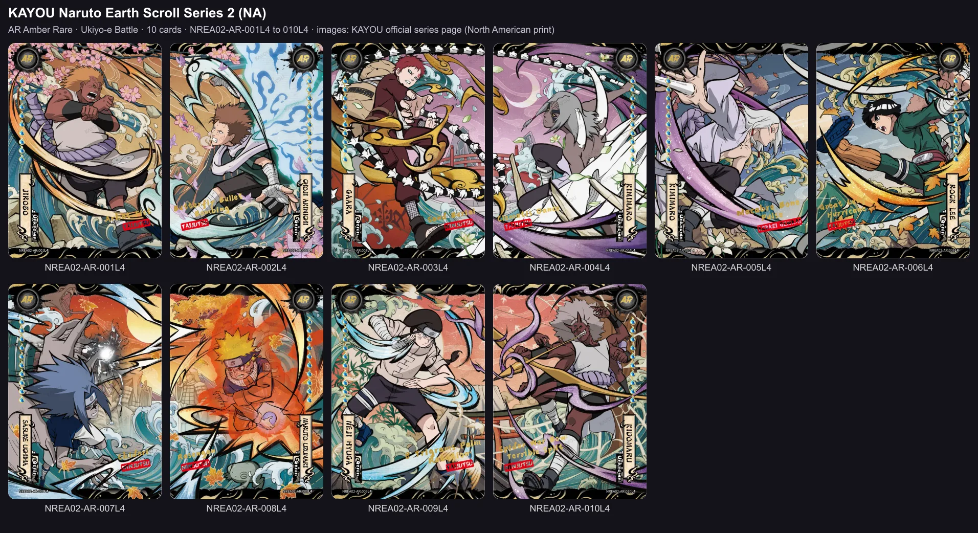 The ten Amber Rare cards of KAYOU Naruto Earth Scroll Series 2, NA print