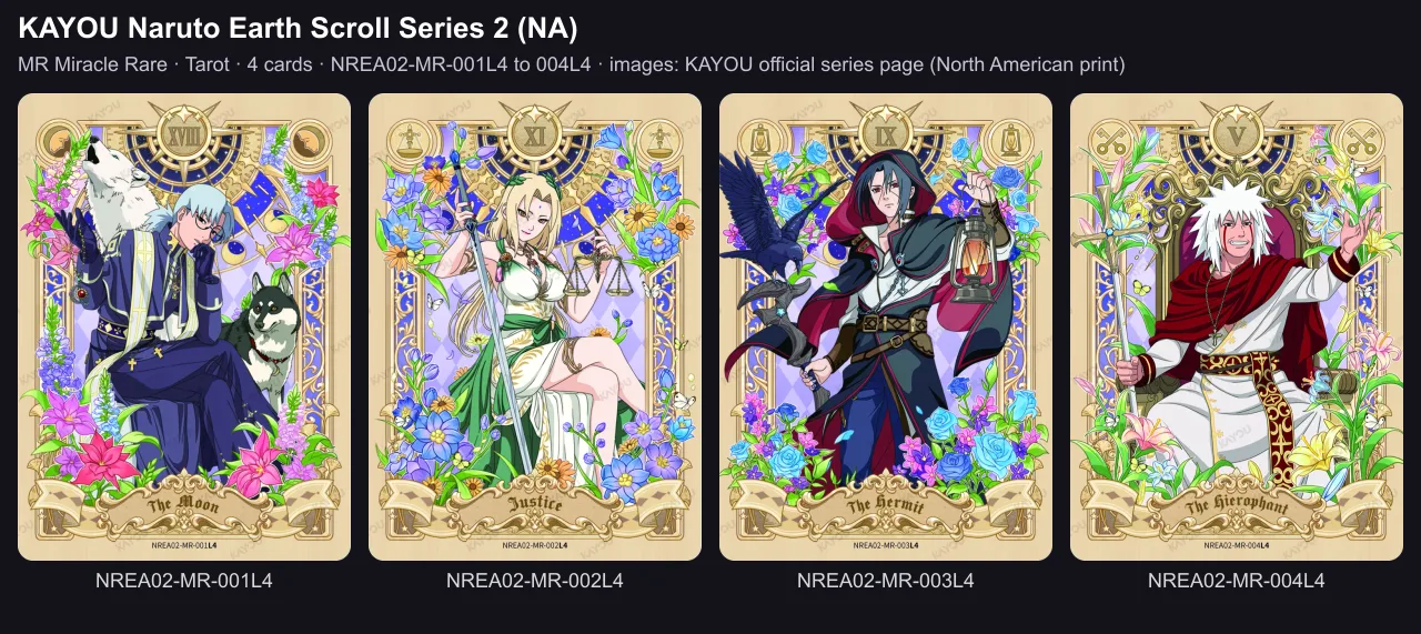 The four Miracle Rare cards of KAYOU Naruto Earth Scroll Series 2, NA print