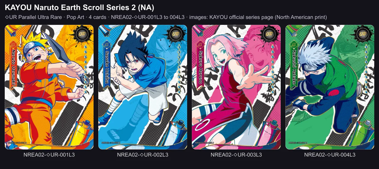 The four Parallel Ultra Rare cards of KAYOU Naruto Earth Scroll Series 2, NA print
