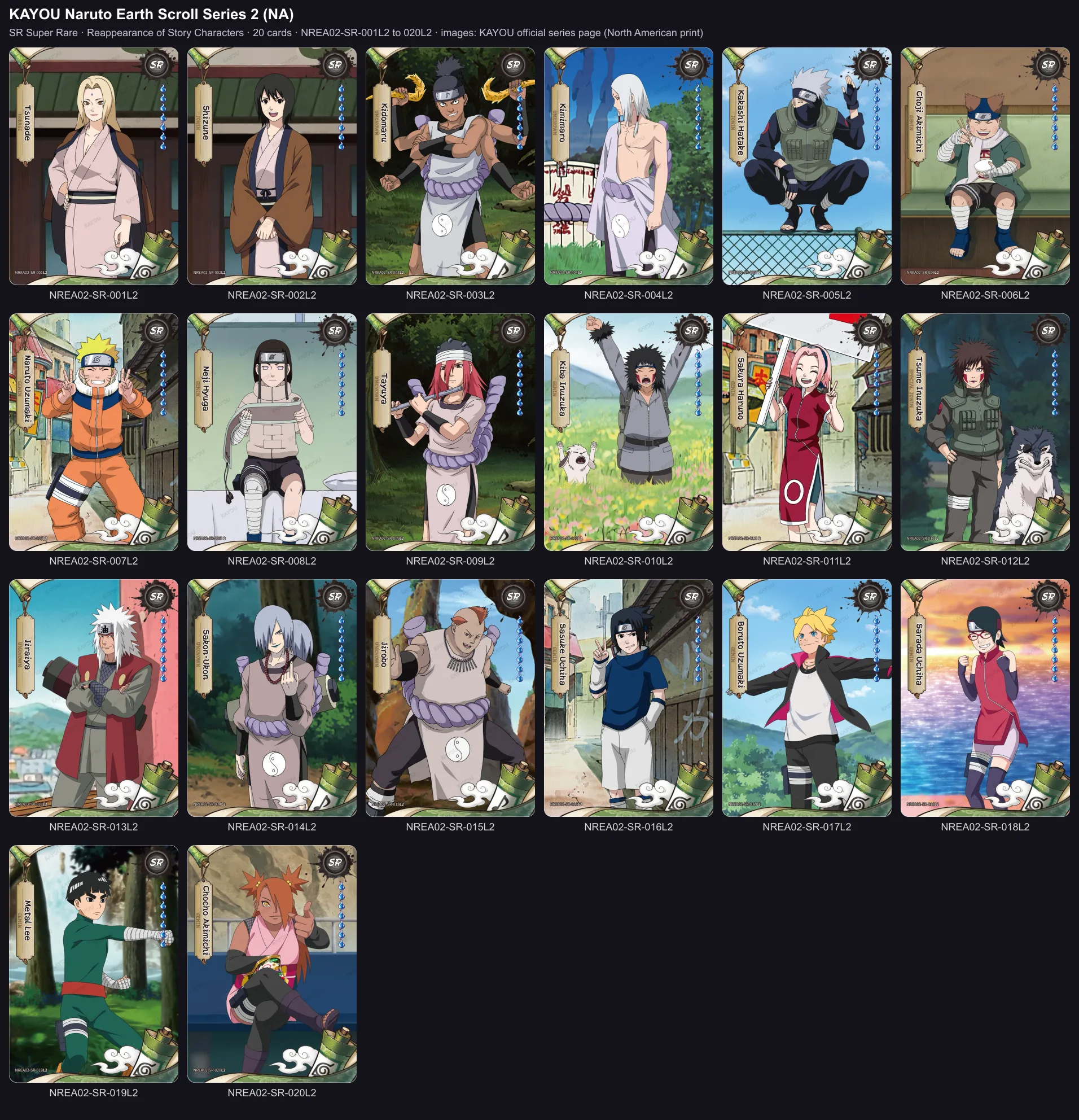 The twenty Super Rare cards of KAYOU Naruto Earth Scroll Series 2, NA print