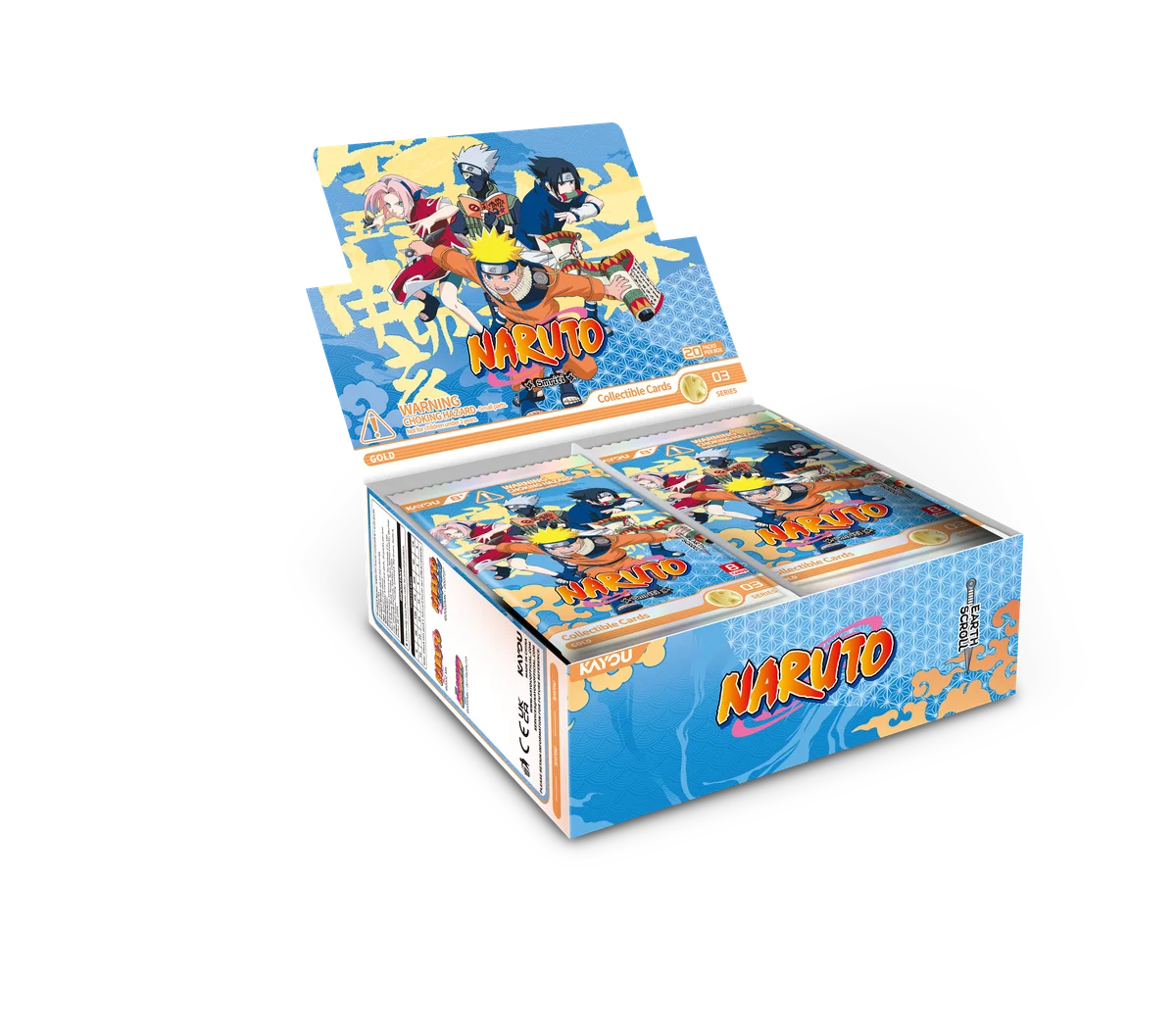 KAYOU Naruto Earth Scroll Series 3 display box, open, with a lid showing Sakura, Kakashi, Sasuke and Naruto on a blue wave pattern