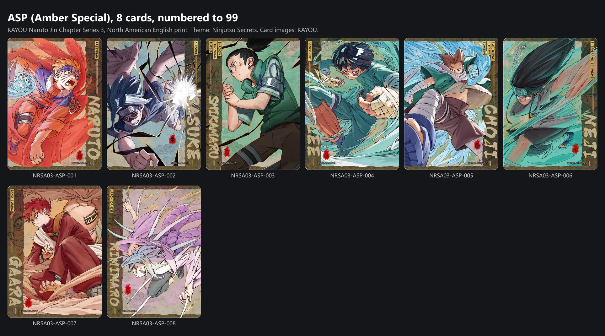 The eight Amber Special cards of Jin Chapter Series 3