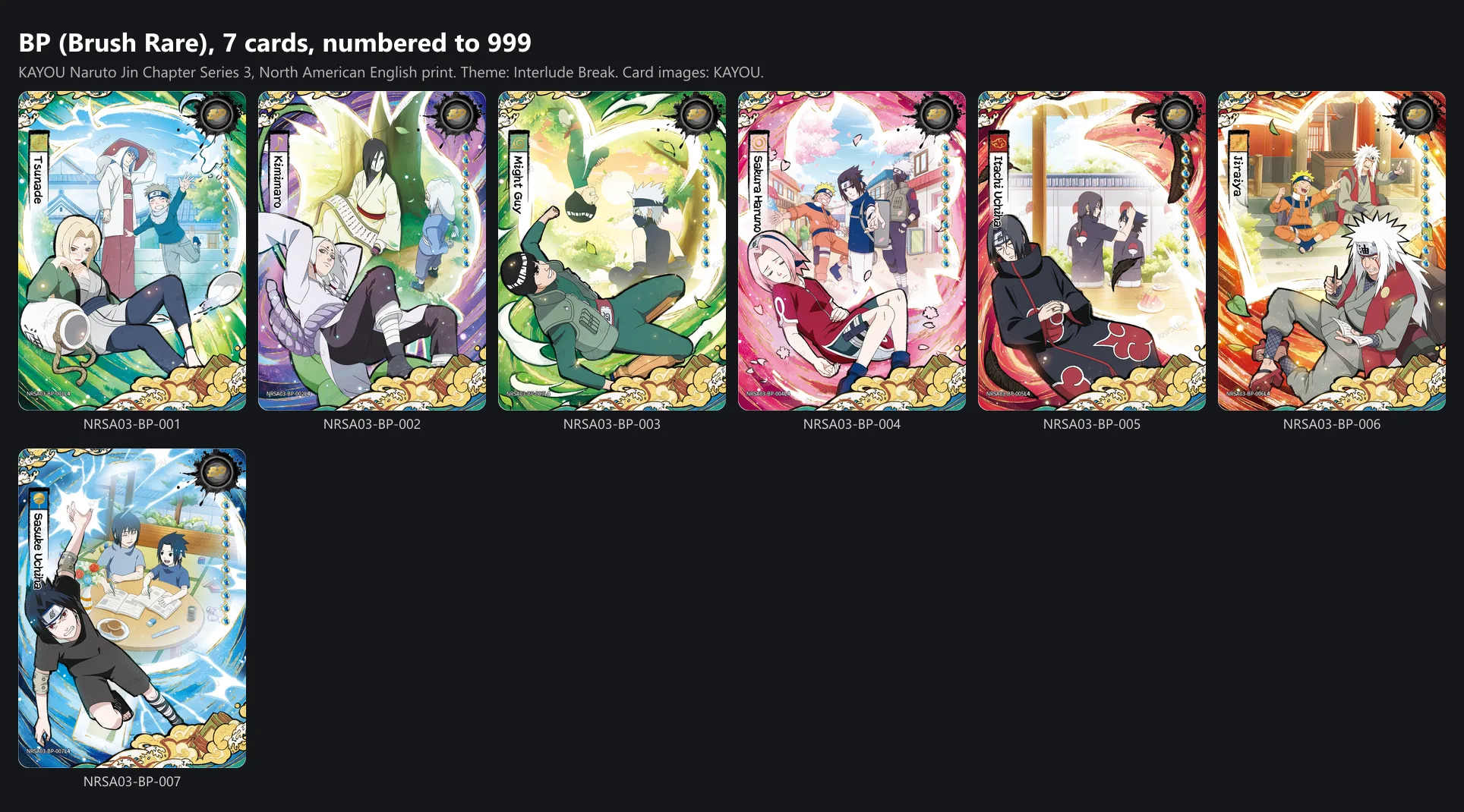 The seven Brush Rare cards of Jin Chapter Series 3