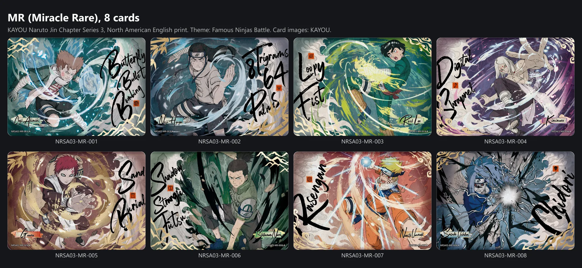 The eight Miracle Rare cards of Jin Chapter Series 3