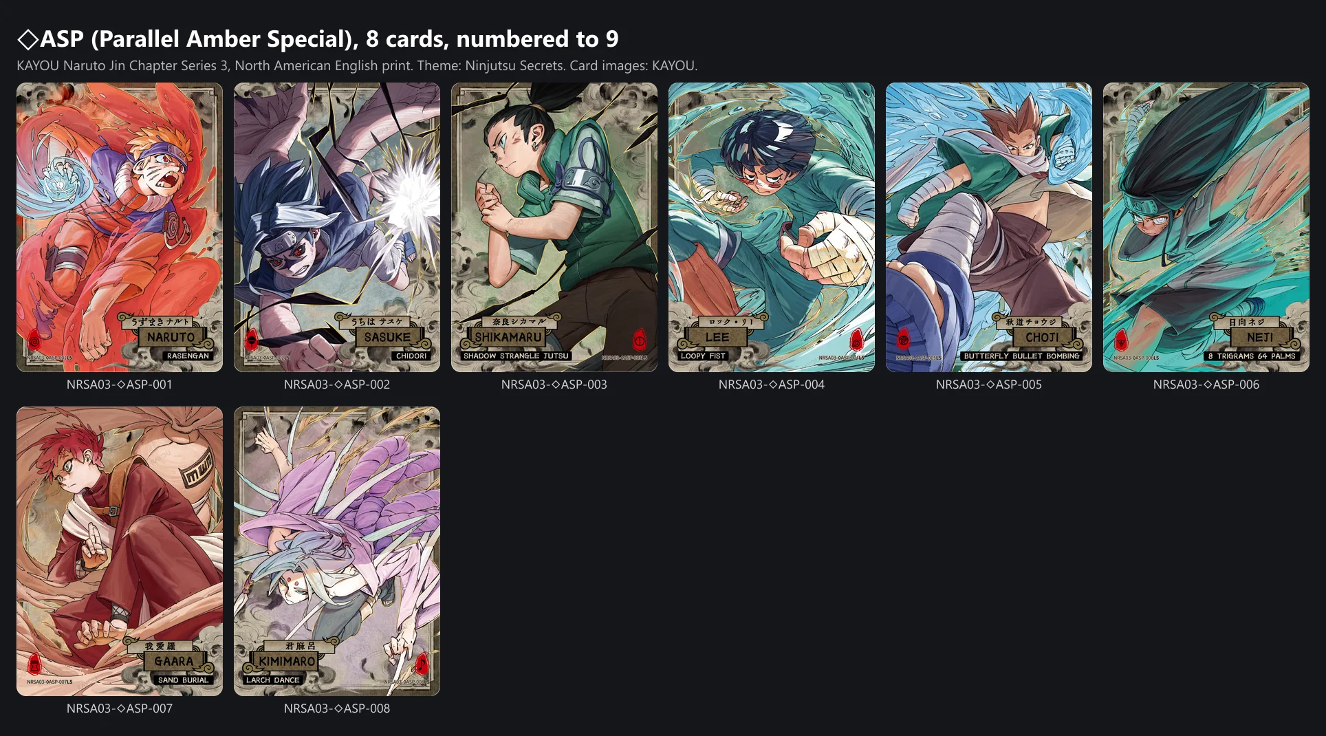 The eight Parallel Amber Special cards of Jin Chapter Series 3