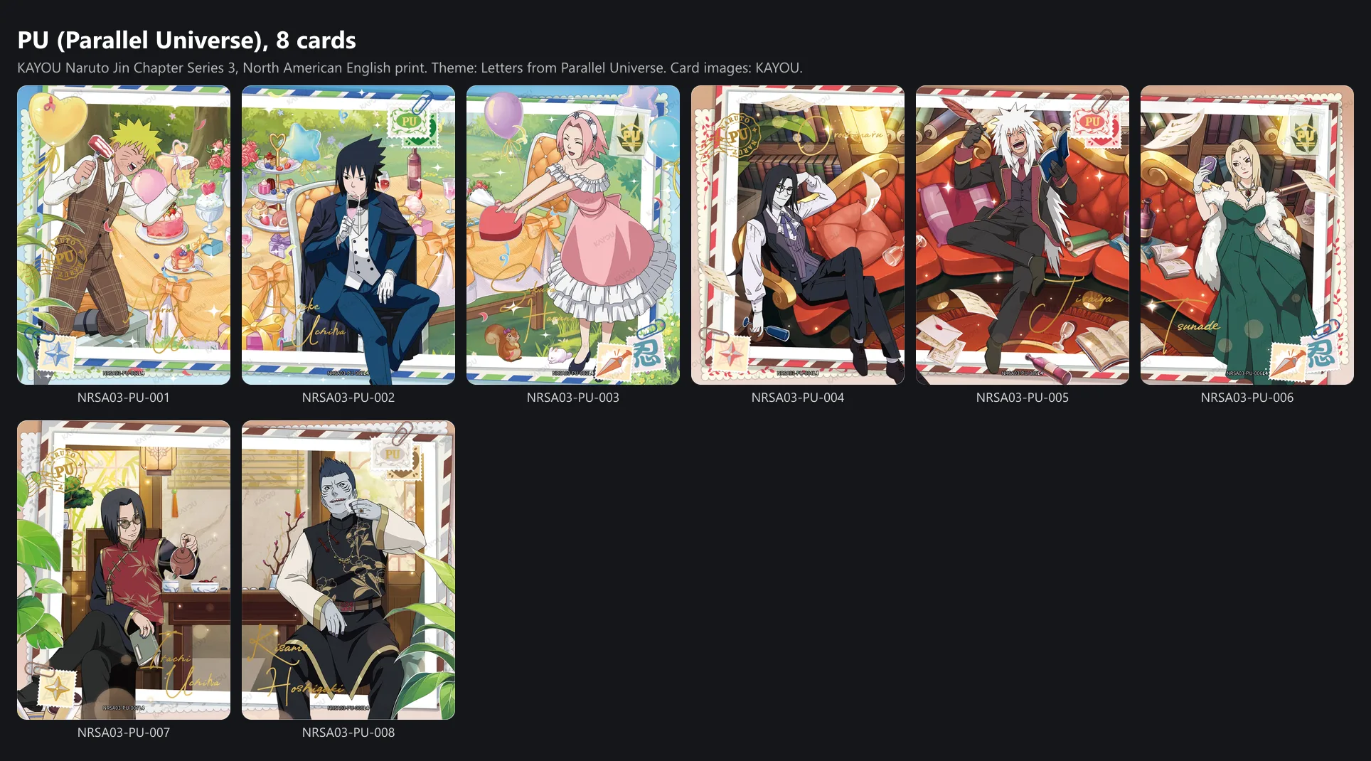 The eight Parallel Universe cards of Jin Chapter Series 3