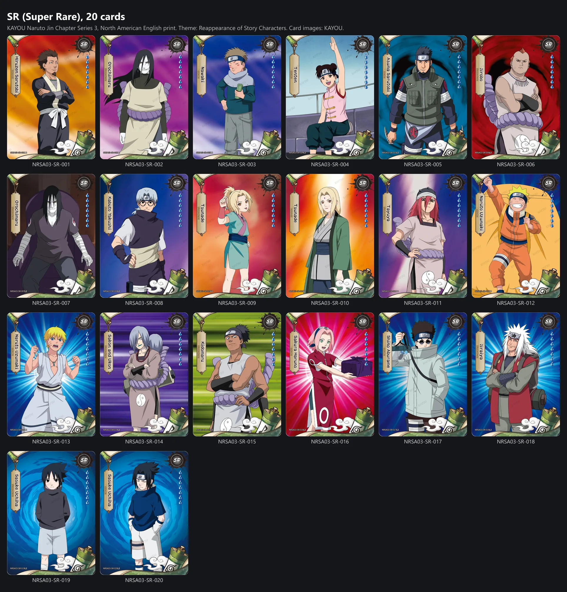 The twenty Super Rare cards of Jin Chapter Series 3