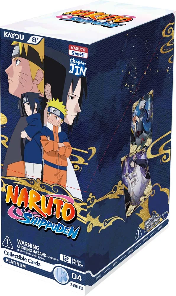 The KAYOU Naruto Jin Chapter Series 4 foil pack display box, front and side, in navy with Naruto, Sasuke and the Shippuden logo