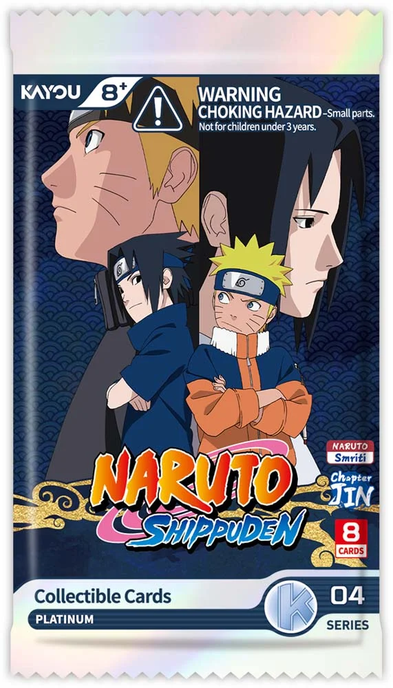 The KAYOU Naruto Jin Chapter Series 4 foil pack, front, with Naruto and Sasuke on a navy background