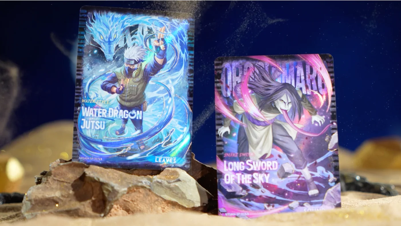 Two KAYOU Jin Chapter Series 4 SP cards, Kakashi with Water Dragon Jutsu and Orochimaru with Long Sword of the Sky, standing on rock and sand