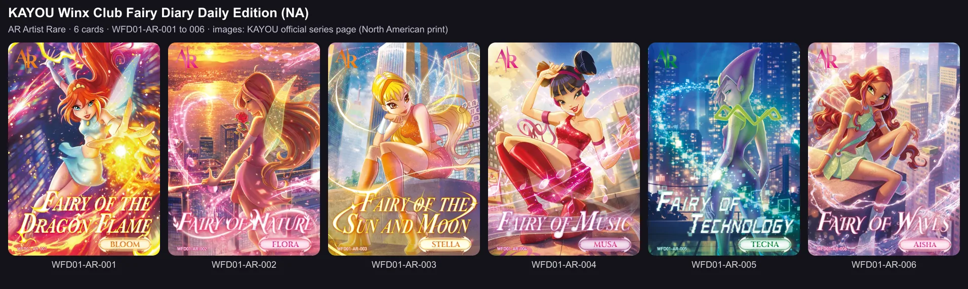 All six Artist Rare cards of the Daily Edition: Bloom, Flora, Stella, Musa, Tecna and Aisha