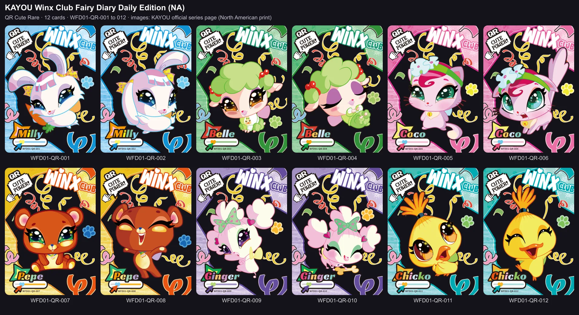 The twelve Cute Rare cards of the Daily Edition, the six pets