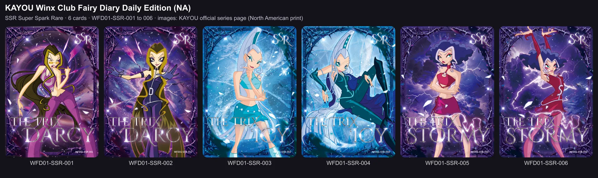 The six Super Spark Rare cards of the Daily Edition, the Trix
