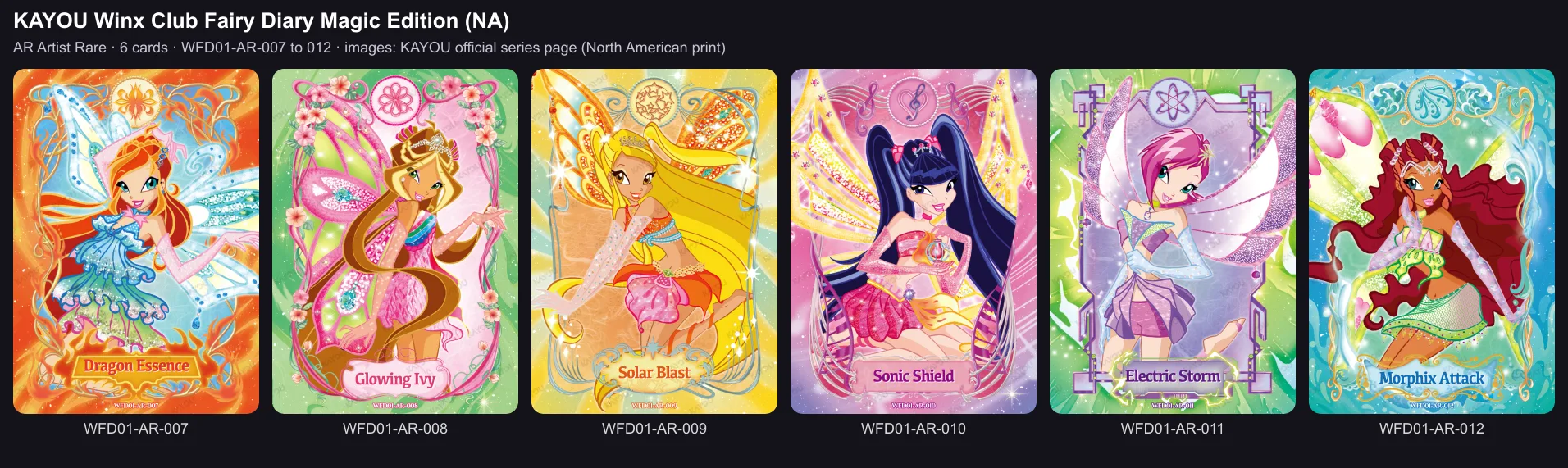 The six Artist Rare cards of the Magic Edition, printed AR-007 to 012