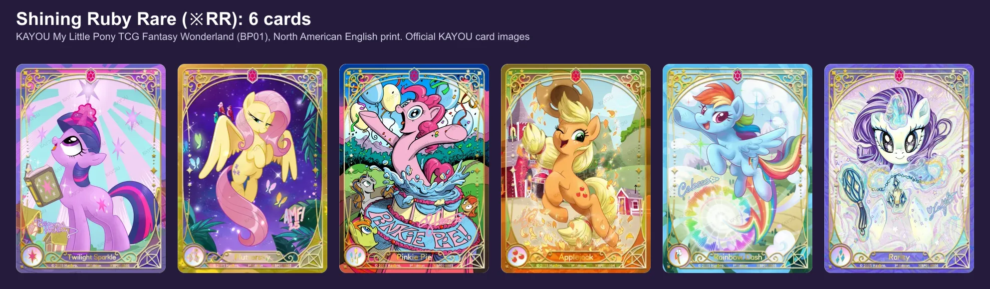 The six Shining Ruby Rare cards of Fantasy Wonderland: Twilight Sparkle, Fluttershy, Pinkie Pie, Applejack, Rainbow Dash and Rarity