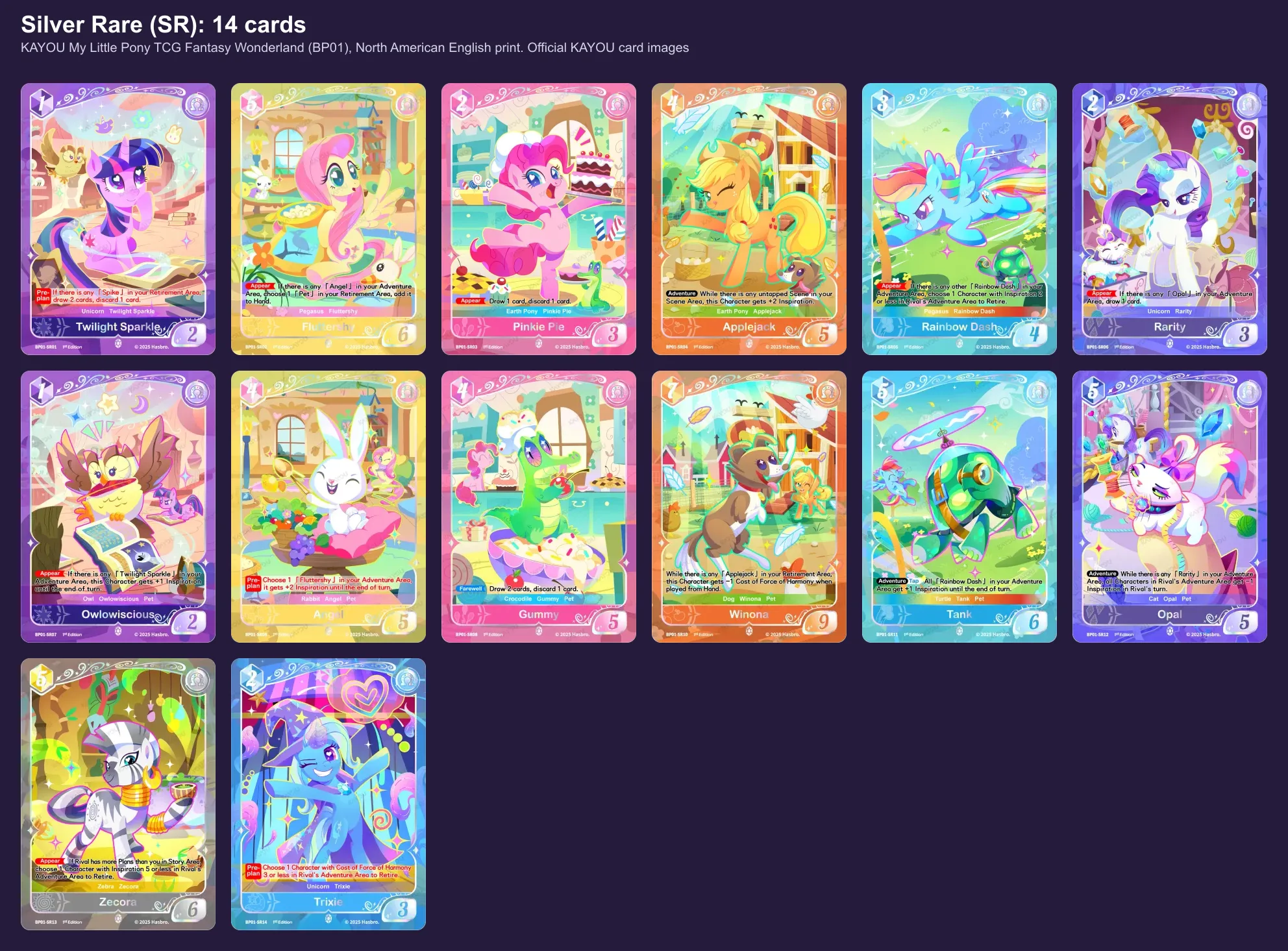 The fourteen Silver Rare cards of Fantasy Wonderland