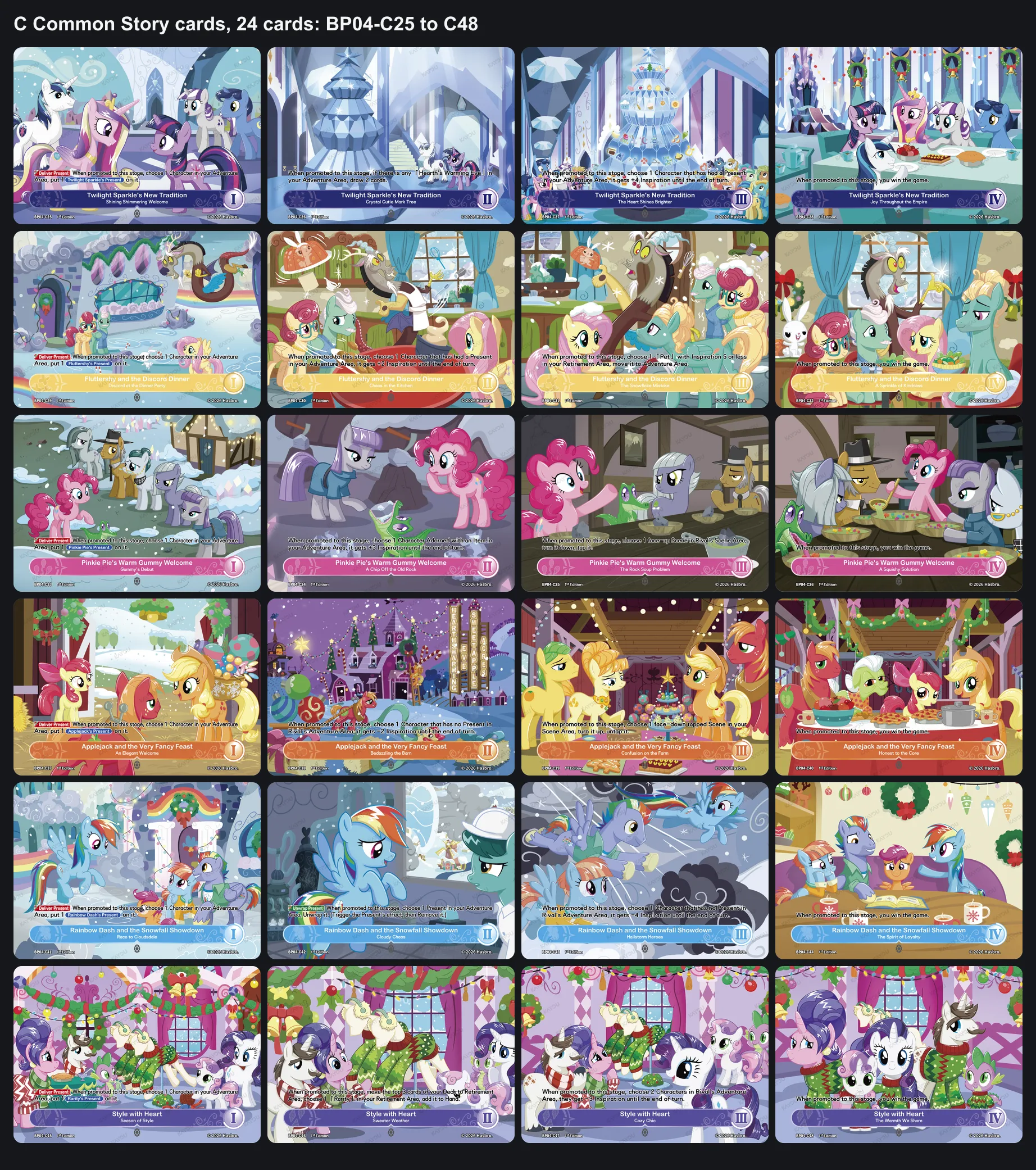 All 24 Hearth's Warming Eve Story cards, one story per row, stages one to four left to right