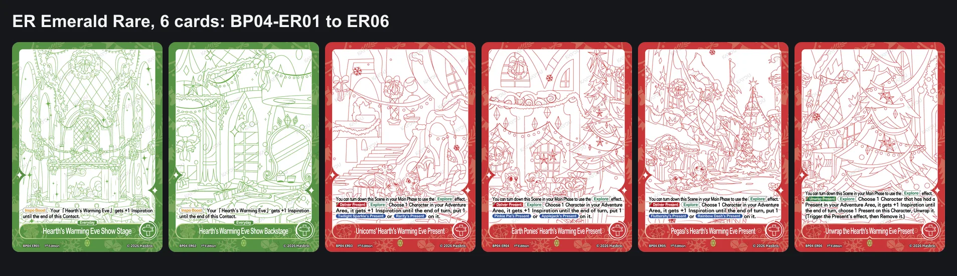 The six Emerald Rare scene cards of Hearth's Warming Eve, printed as line art