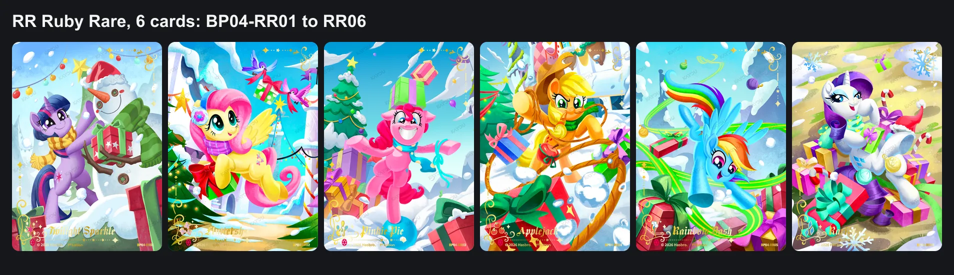 The six Ruby Rare cards of Hearth's Warming Eve