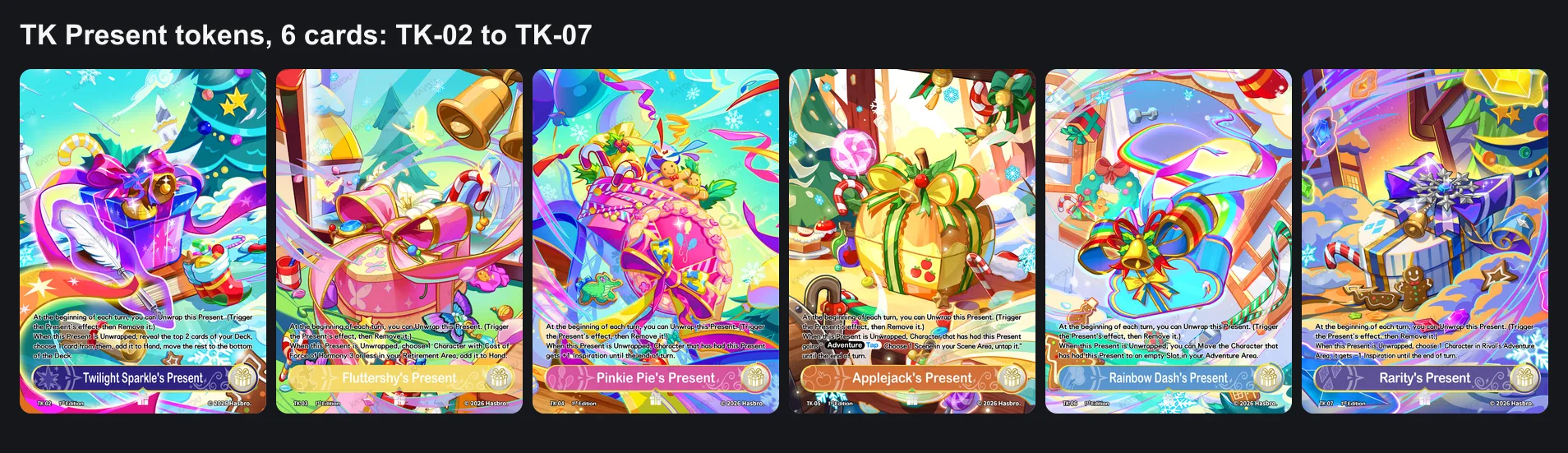 The six Present token cards of Hearth's Warming Eve