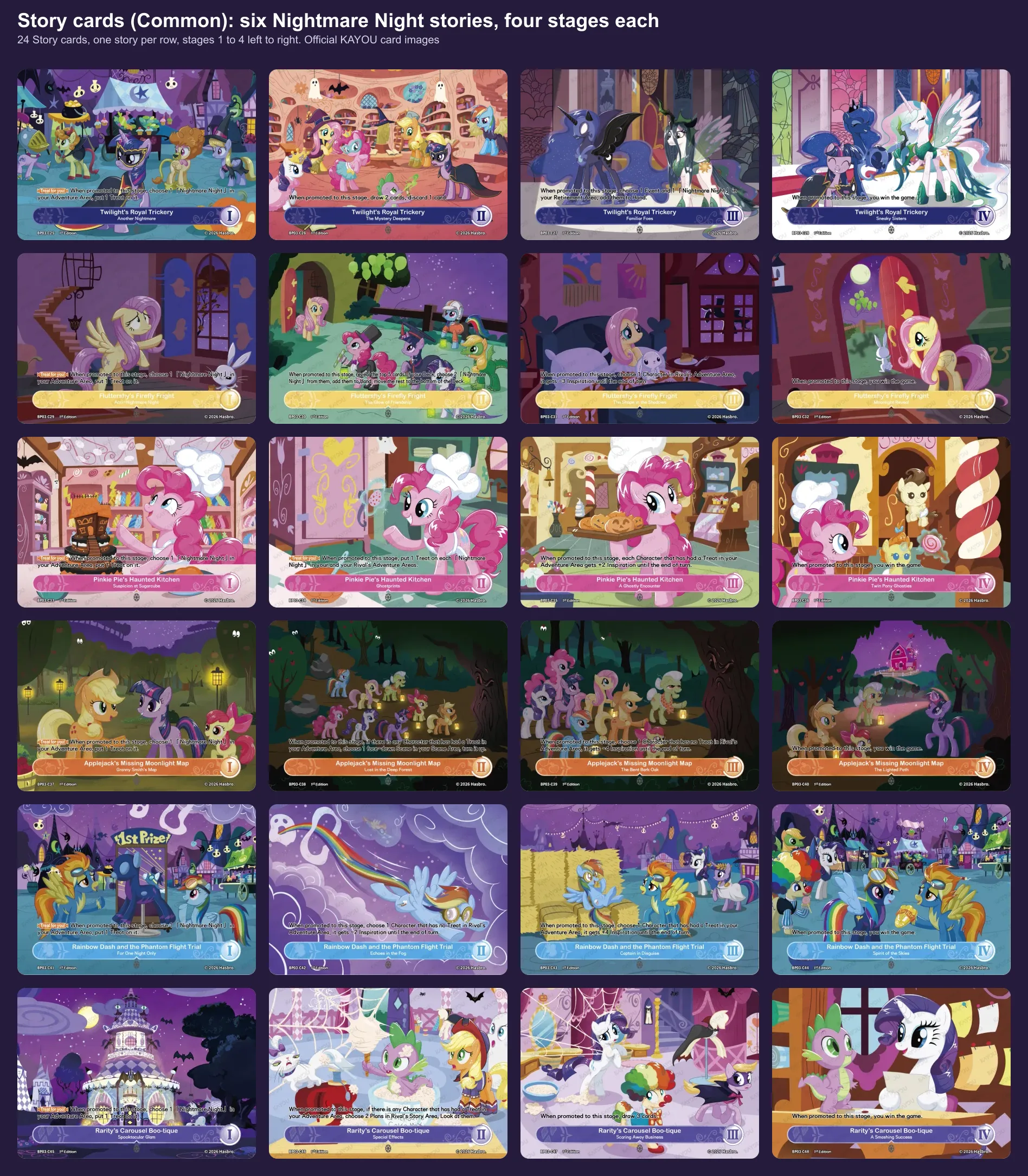 All 24 Nightmare Night Story cards, one story per row, stages one to four left to right