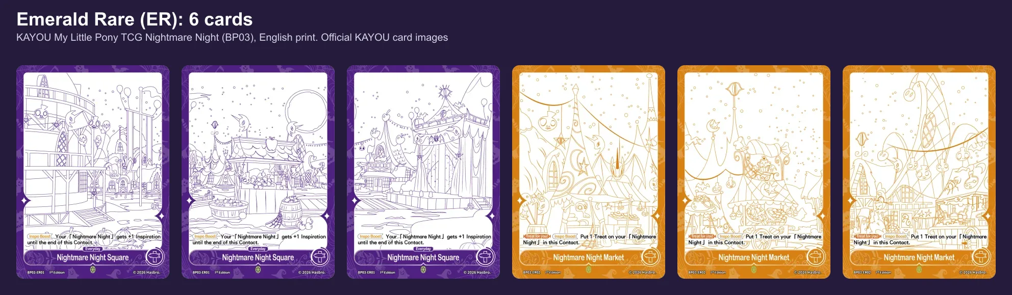 The six Emerald Rare scene cards of Nightmare Night