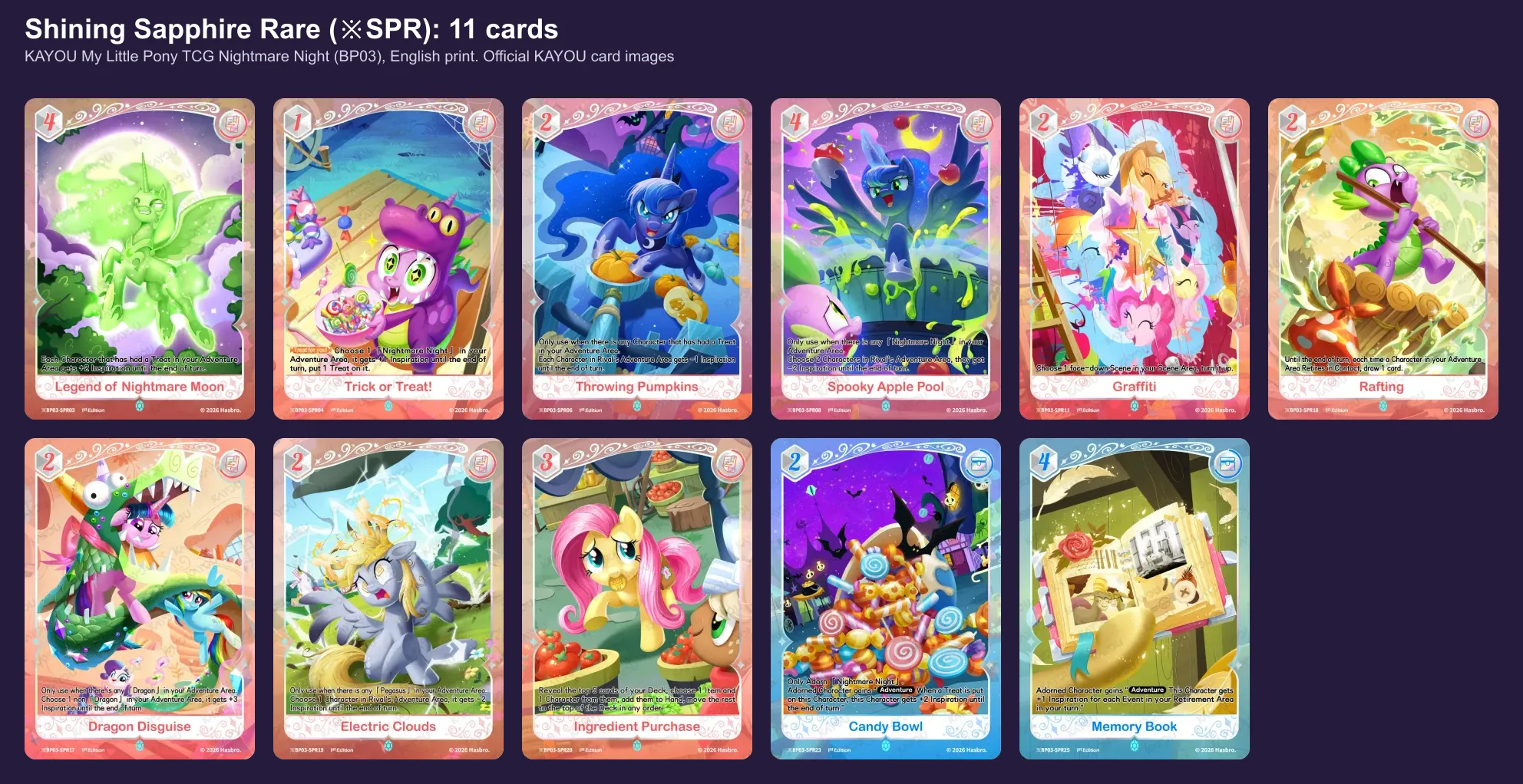 The eleven Shining Sapphire Rare event and item cards of Nightmare Night