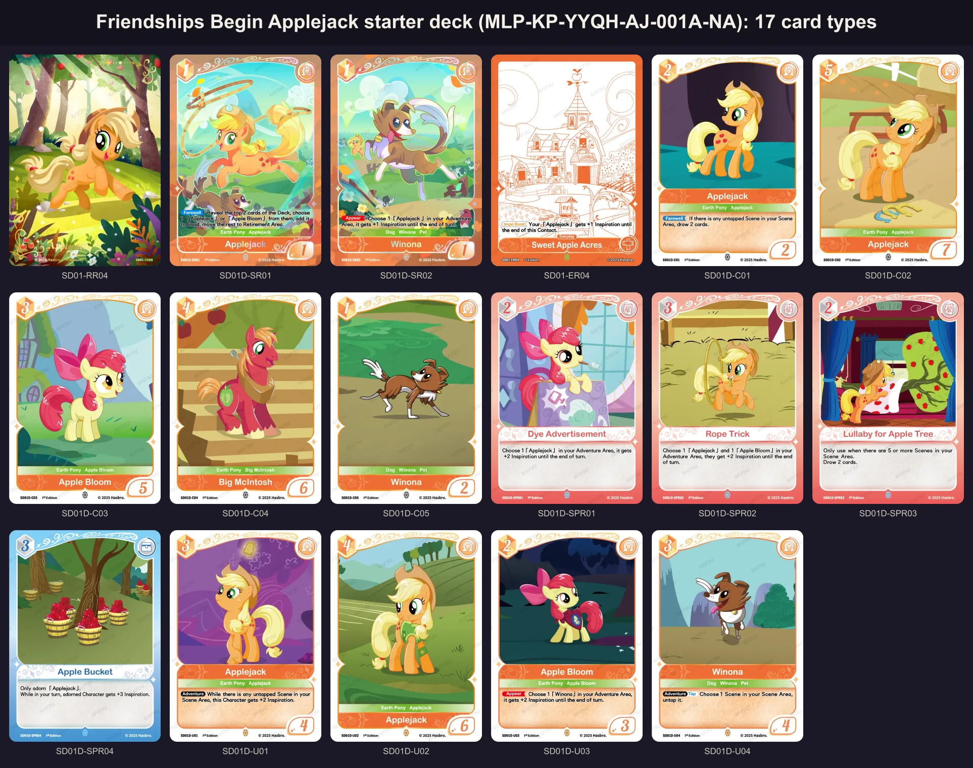 All 17 portrait cards of the Friendships Begin Applejack starter deck, MLP-KP-YYQH-AJ-001A-NA, with their card numbers