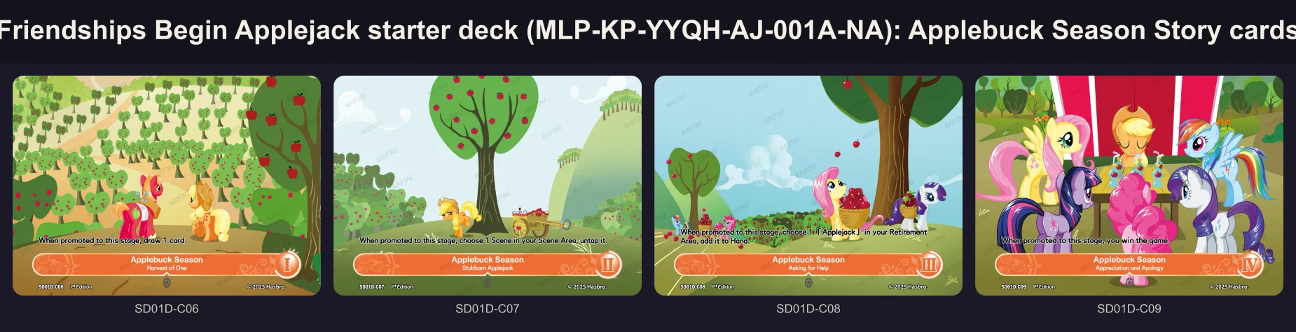 The four Applebuck Season Story cards of the Applejack deck, stages one to four