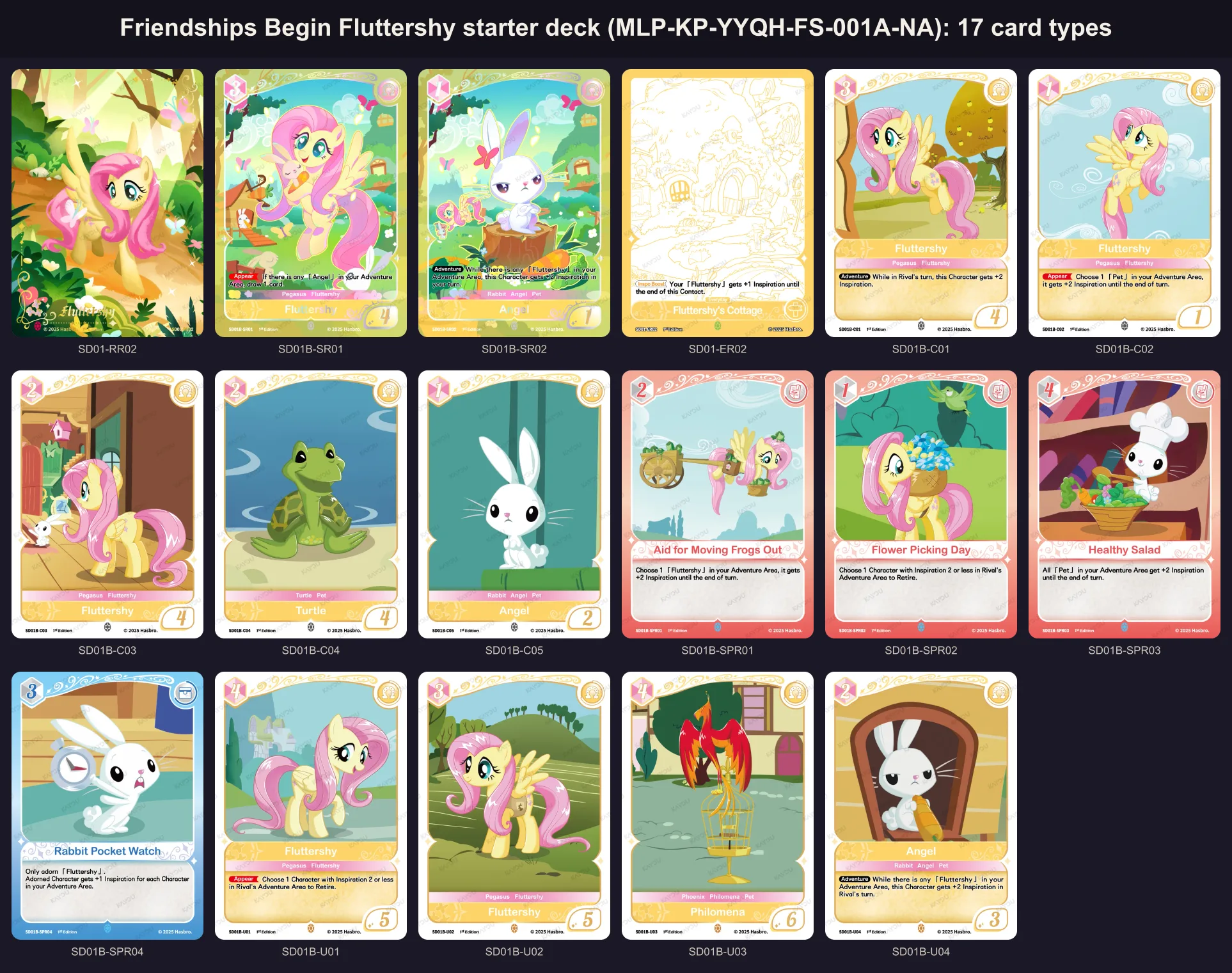 All 17 portrait cards of the Friendships Begin Fluttershy starter deck, MLP-KP-YYQH-FS-001A-NA, with their card numbers