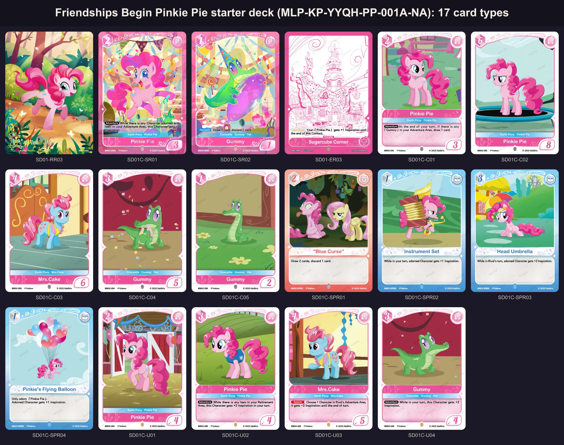 All 17 portrait cards of the Friendships Begin Pinkie Pie starter deck, MLP-KP-YYQH-PP-001A-NA, with their card numbers