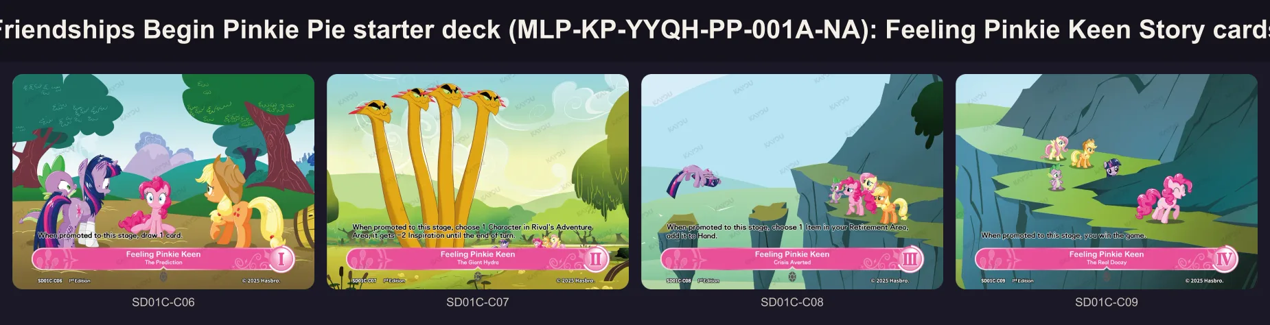 The four Feeling Pinkie Keen Story cards of the Pinkie Pie deck, stages one to four