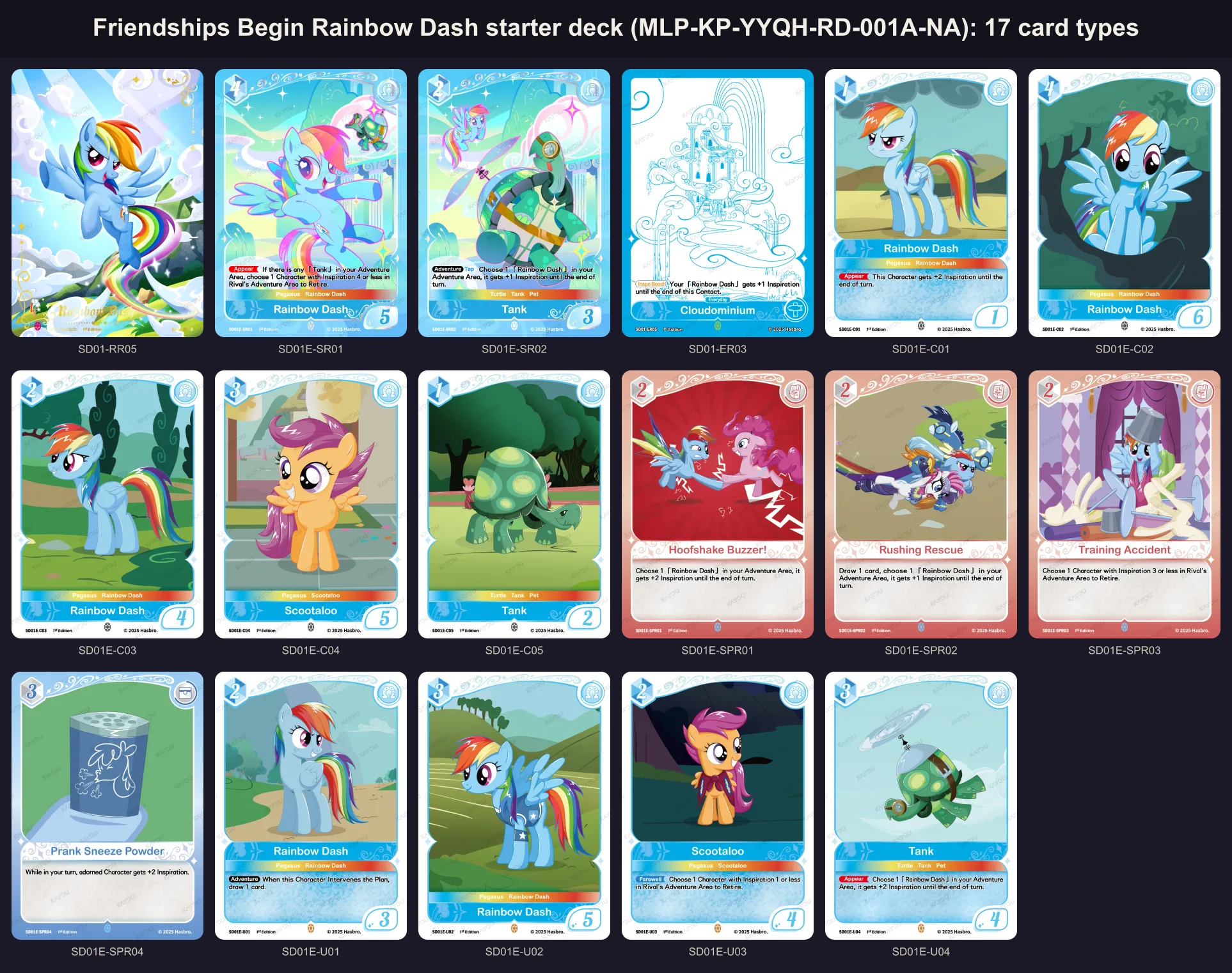 All 17 portrait cards of the Friendships Begin Rainbow Dash starter deck, MLP-KP-YYQH-RD-001A-NA, with their card numbers