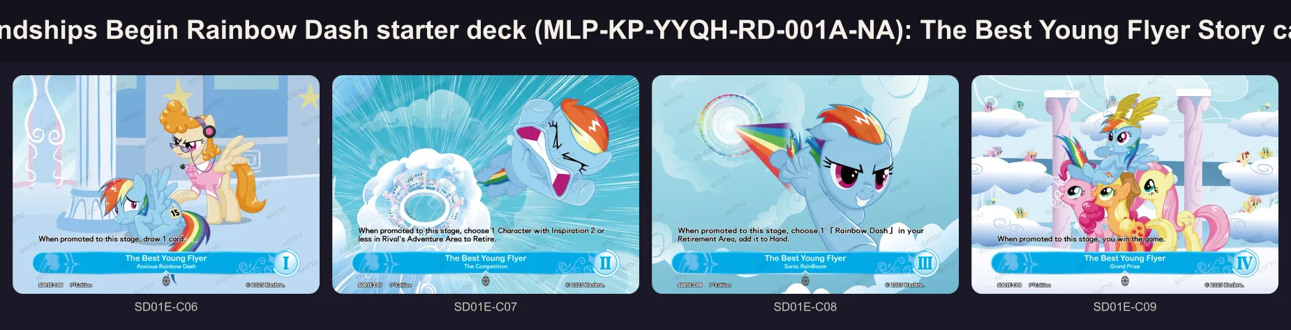 The four The Best Young Flyer Story cards of the Rainbow Dash deck, stages one to four
