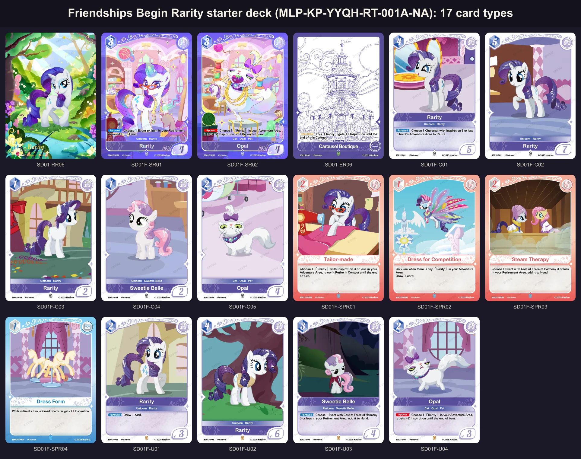All 17 portrait cards of the Friendships Begin Rarity starter deck, MLP-KP-YYQH-RT-001A-NA, with their card numbers