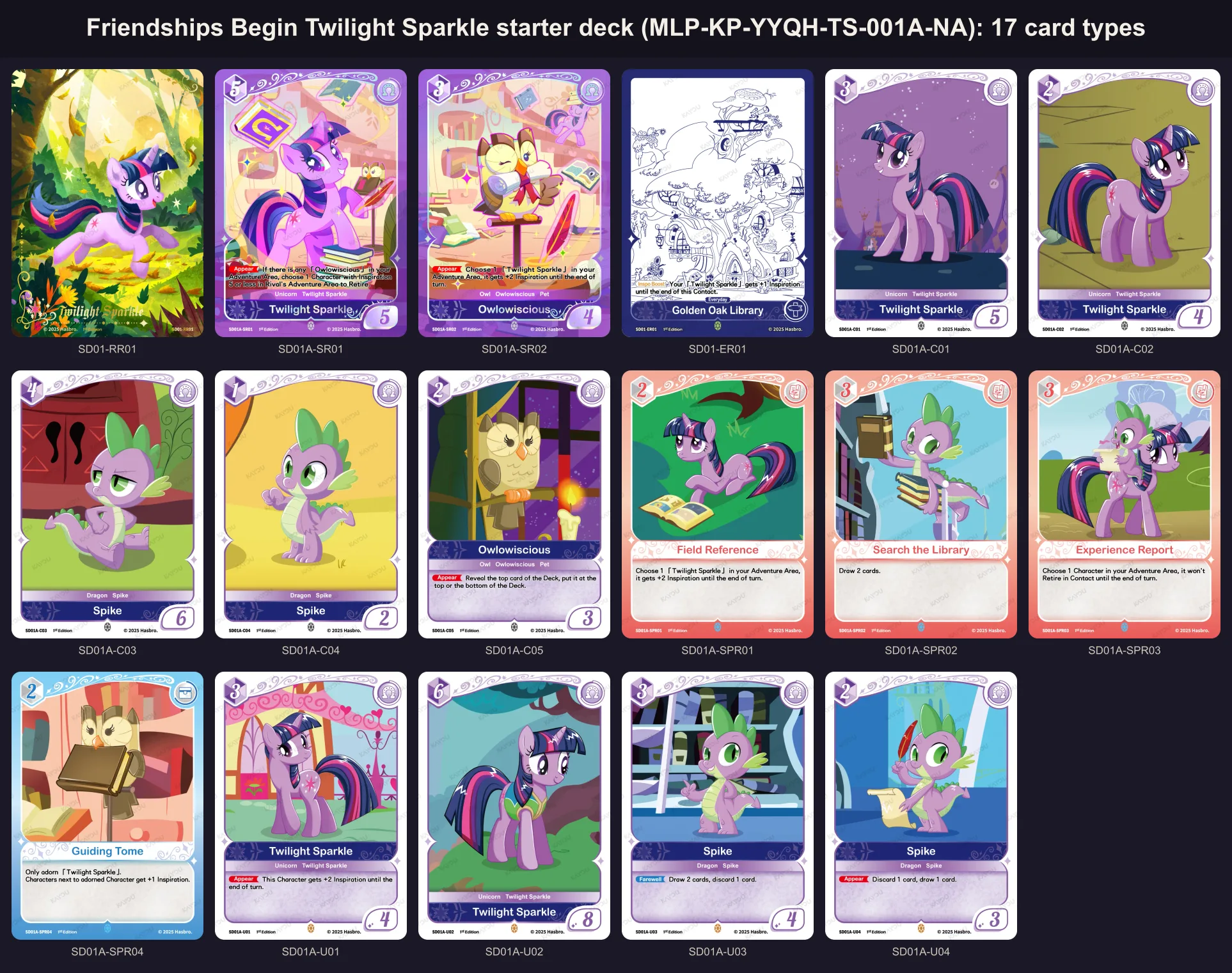 All 17 portrait cards of the Friendships Begin Twilight Sparkle starter deck, MLP-KP-YYQH-TS-001A-NA, with their card numbers