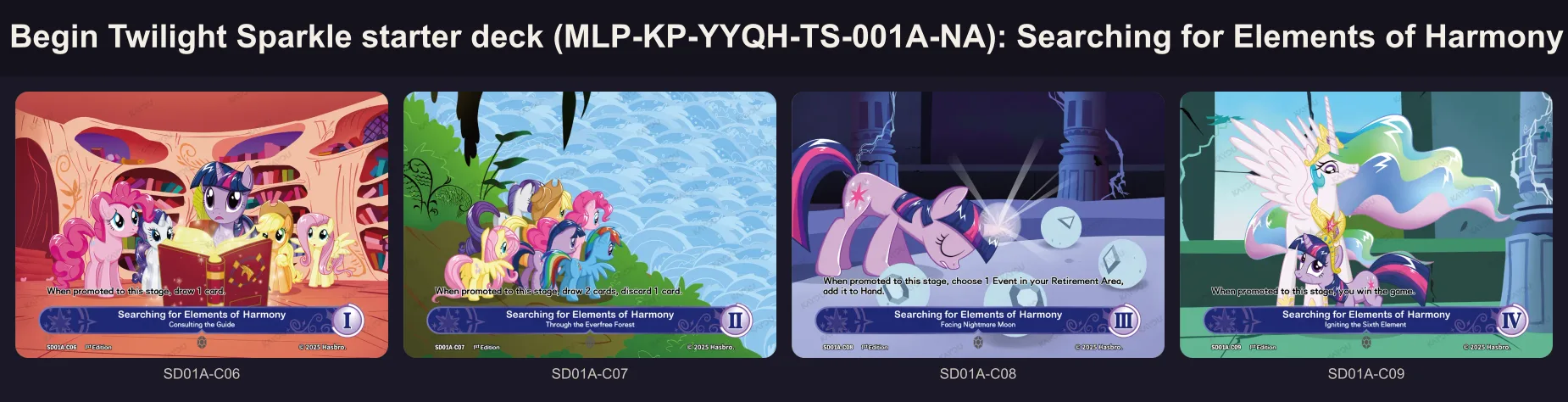 The four Searching for Elements of Harmony Story cards of the Twilight Sparkle deck, stages one to four