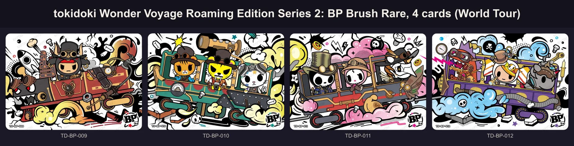 The four Brush Rare World Tour cards of tokidoki Wonder Voyage Series 2, TD-BP-009 to BP-012