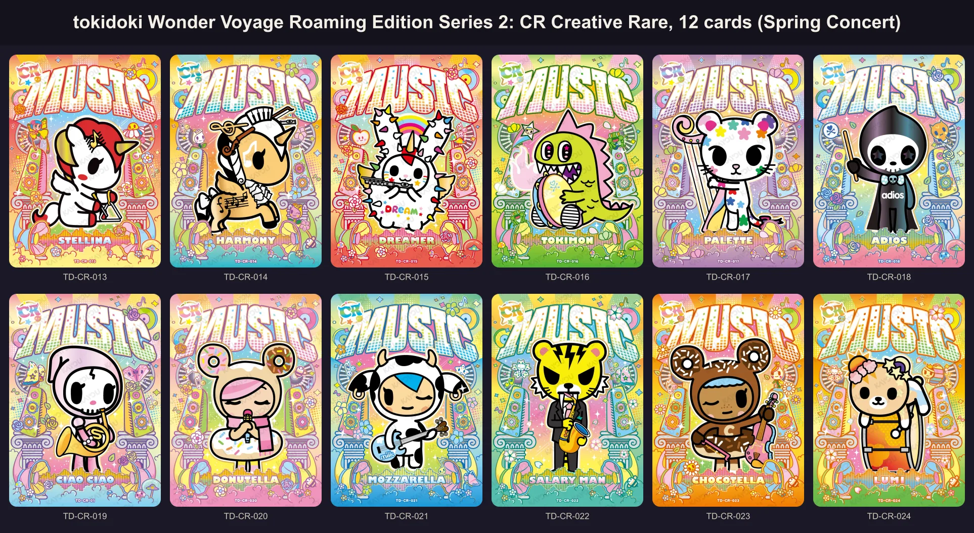 The twelve Creative Rare Spring Concert cards of tokidoki Wonder Voyage Series 2