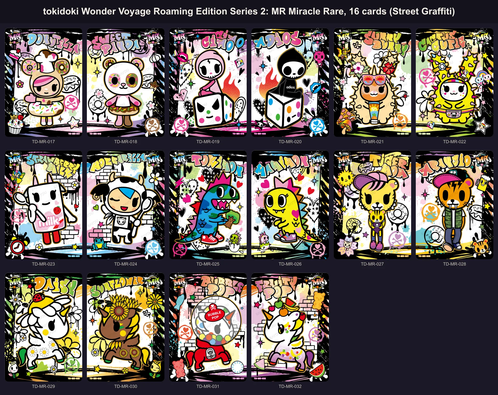 The sixteen Miracle Rare Street Graffiti cards of tokidoki Wonder Voyage Series 2