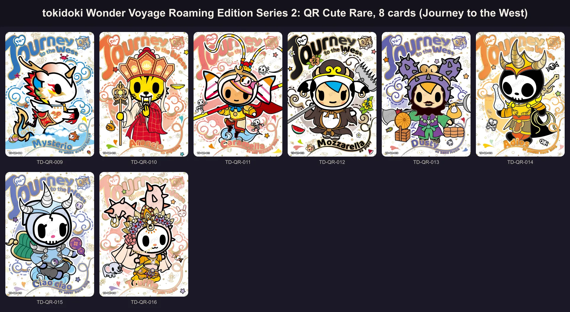 The eight Cute Rare Journey to the West cards of tokidoki Wonder Voyage Series 2