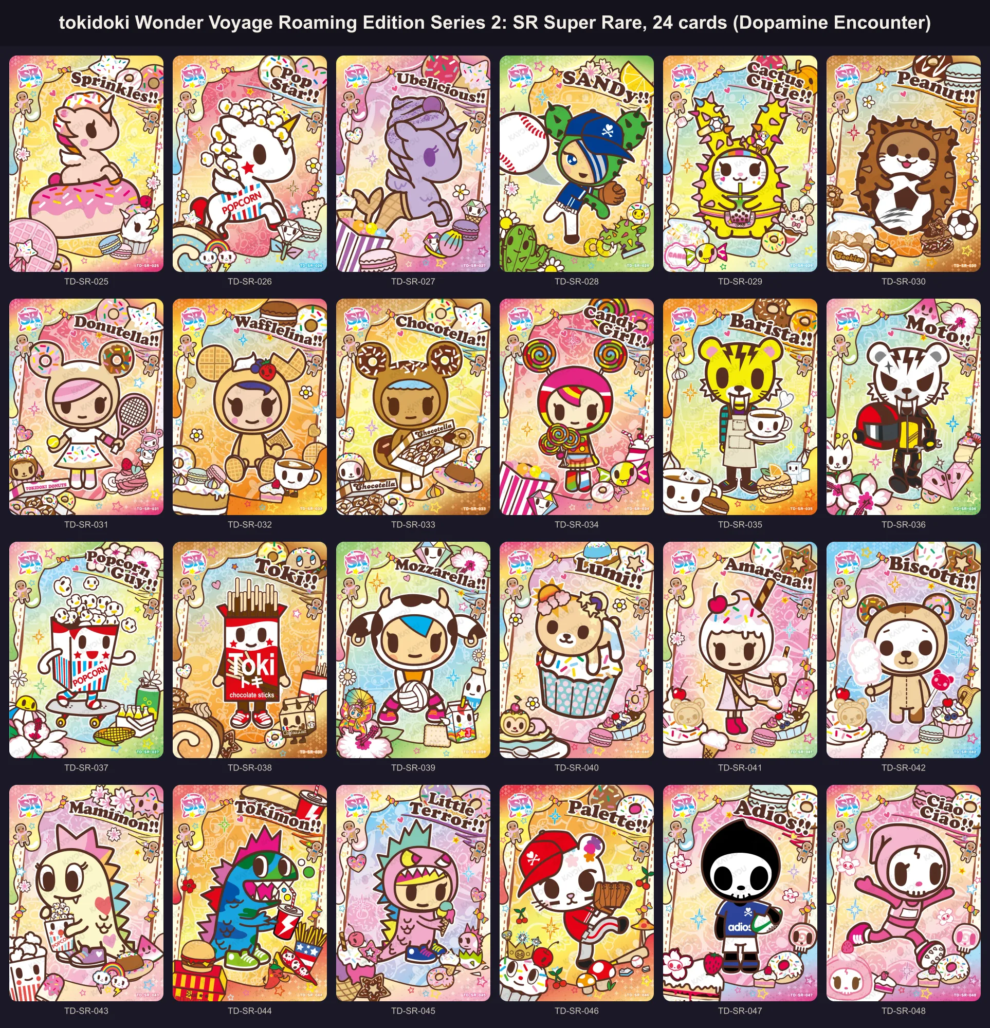 The 24 Super Rare Dopamine Encounter cards of tokidoki Wonder Voyage Series 2