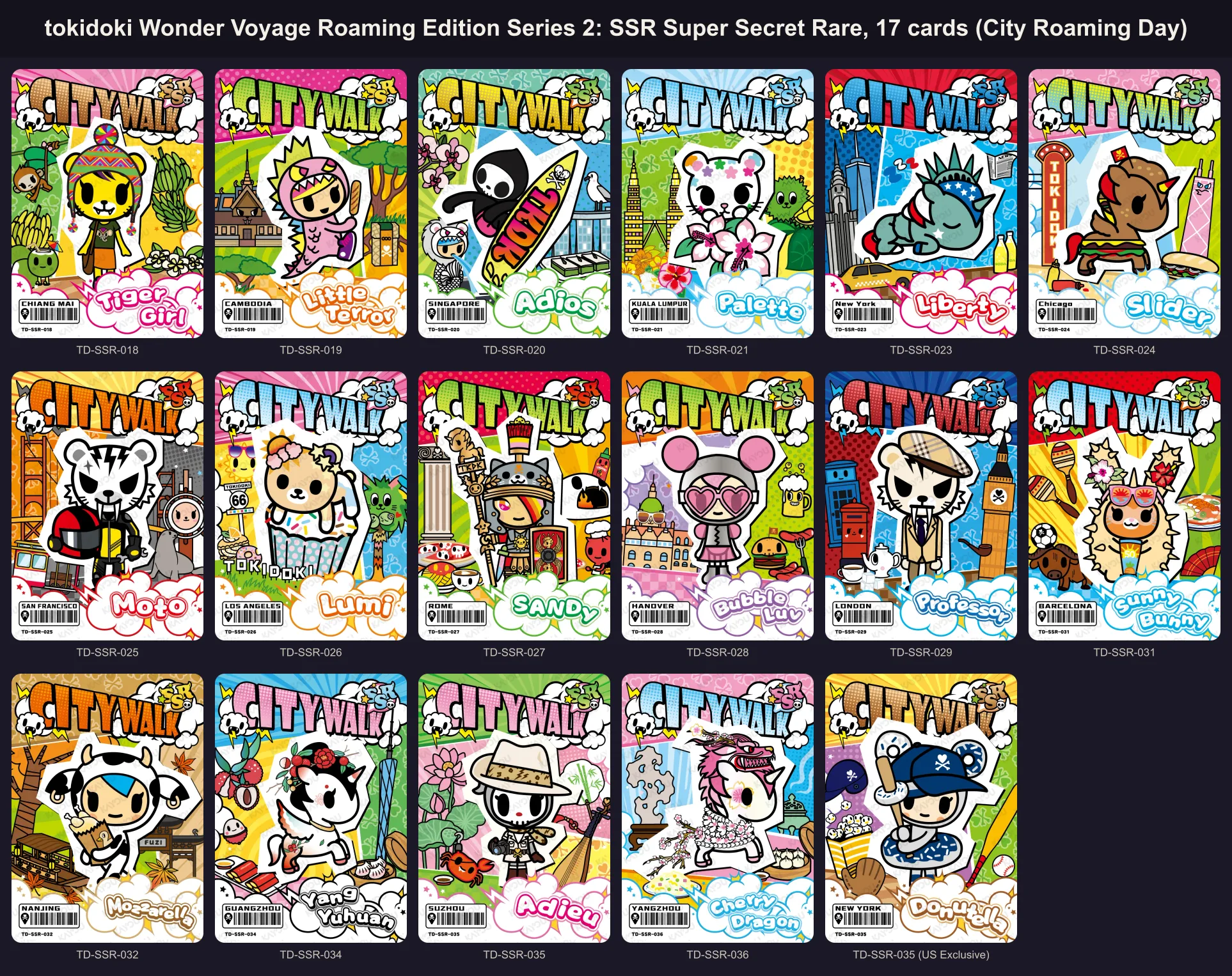 The seventeen Super Secret Rare City Roaming Day cards of tokidoki Wonder Voyage Series 2